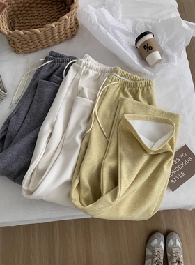 秋冬加绒糯米裤女垂感显瘦抽绳直筒休闲裤韩系复古慵懒感拖地裤