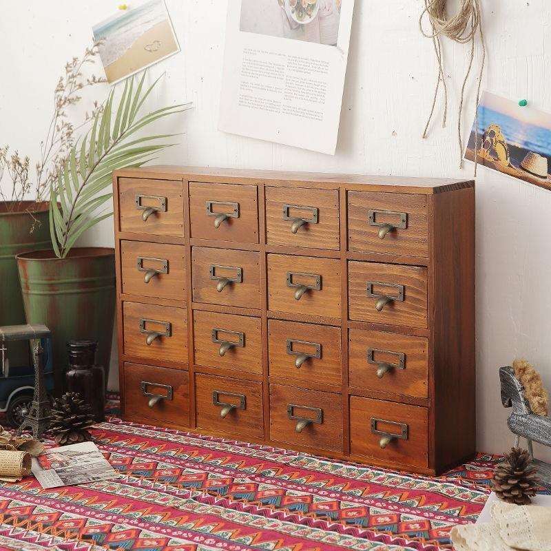 复古实木桌面收纳盒收纳木质抽屉式小型柜子木制多层迷你柜置物柜