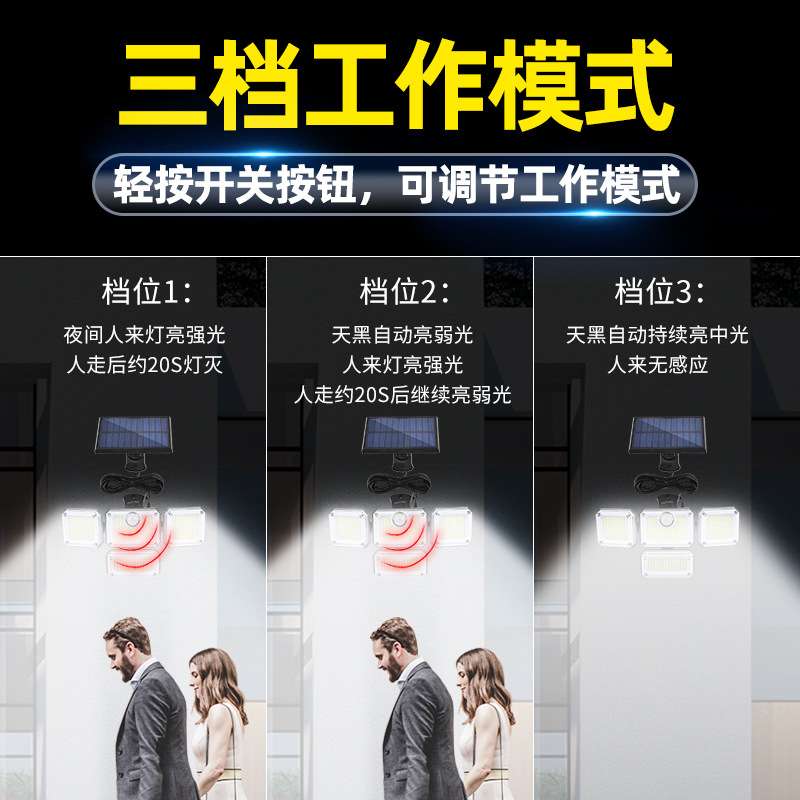 跨境太阳能壁灯分体庭院灯4头旋转人体感应LED防水户外路灯遥控款
