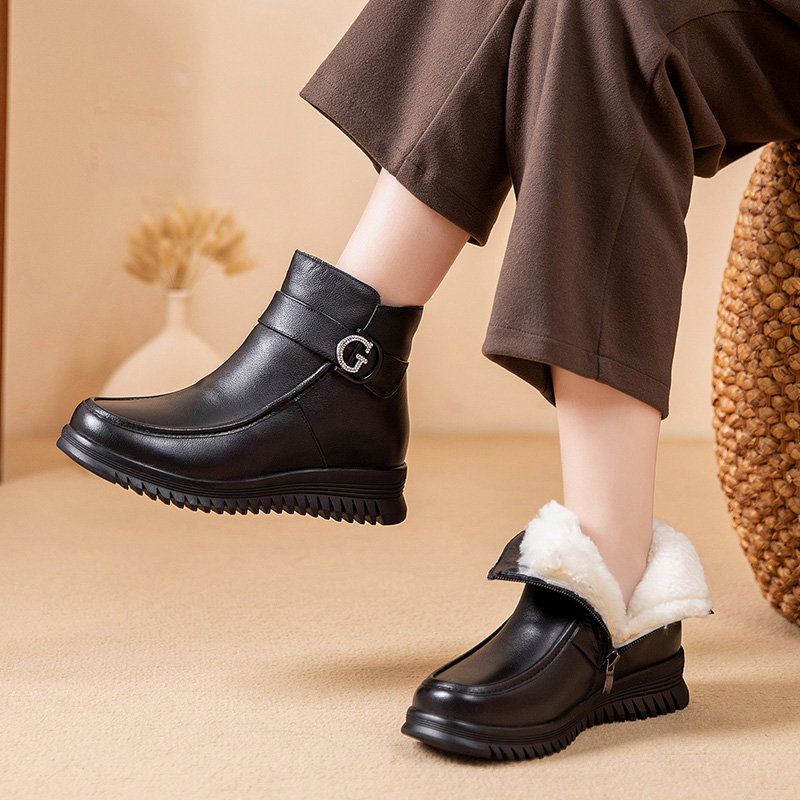 女冬棉鞋软底妈妈鞋保暖防滑头层真牛皮高帮羊毛棉鞋工作鞋短靴子