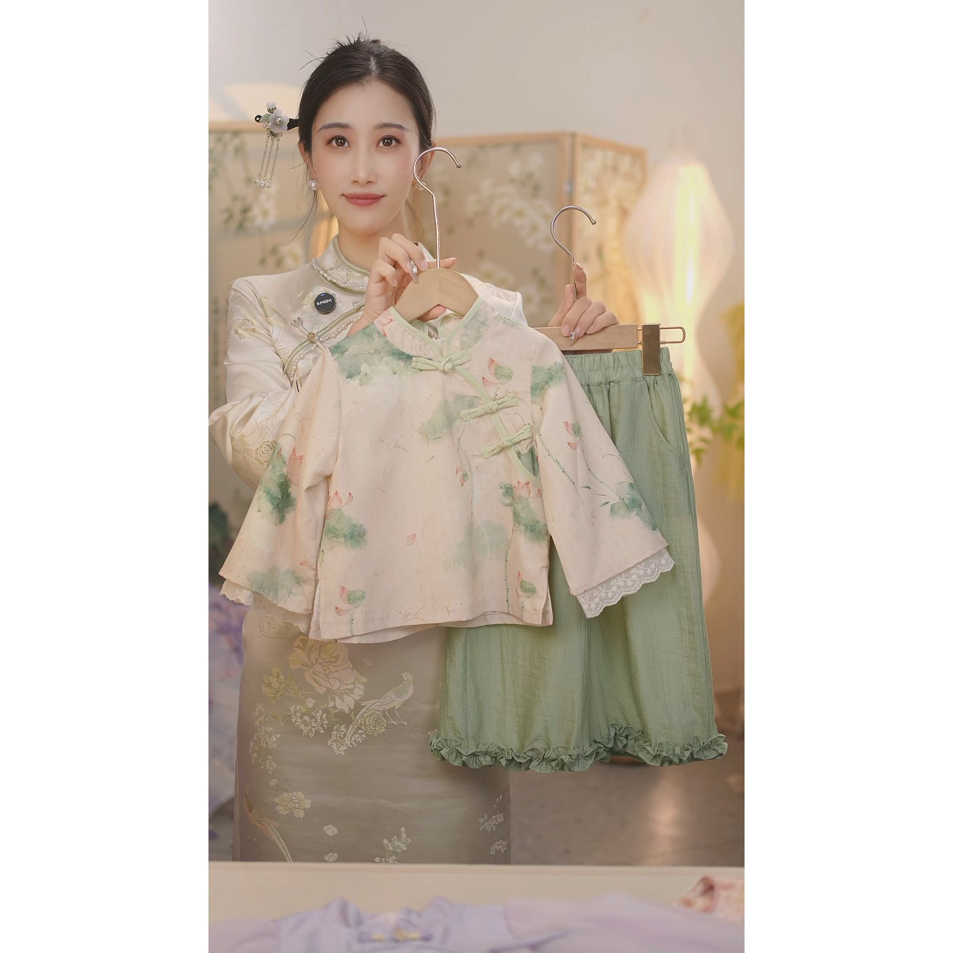 现货【荷塘月色】SC566女童秋季新中式荷花国风上衣阔腿裤套装