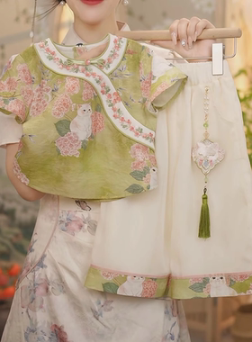 现货【元宝】SC166女童夏季2025新中式国风上衣九分裤子两件套装