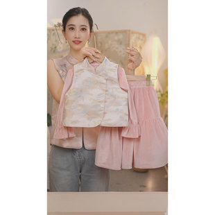 粉色刺绣马甲裙子套装 现货 新中式 SC567女童秋季 三件套 绮梦