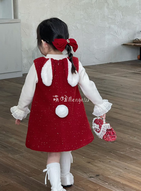 现货【萌妞】SC791女童2025冬季国风加厚新中式加绒马甲旗袍裙