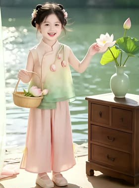 现货【郁金香】ZC070女童夏季新中式国风立体郁金香花朵套装