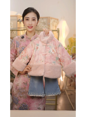 现货【桃花诺】SC698女童冬季新中式加绒加厚棉衣牛仔裤国风套装