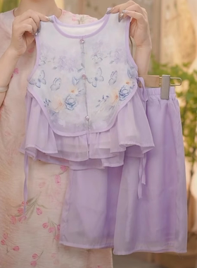现货【紫陌】SC398女童夏季新中式满印蝴蝶2025新款国风套装