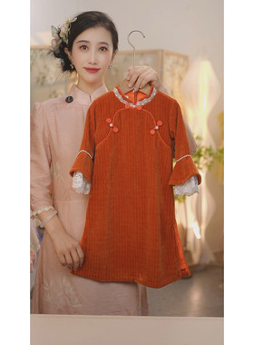 现货【丹霞】SC644女童2025秋季新款新中式长袖花边国风旗袍裙