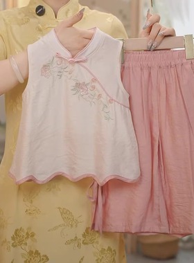 现货【白莲】SC450女童夏季新中式荷花刺绣2025新款国风套装