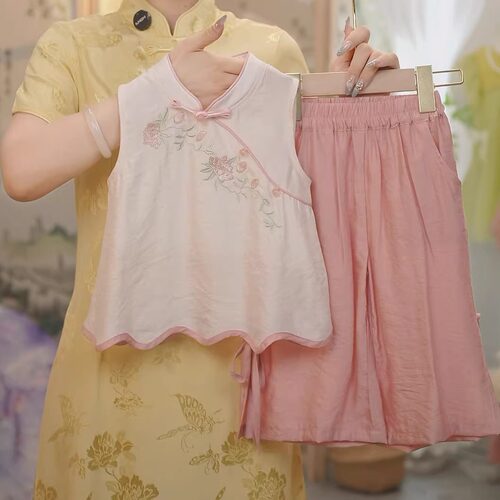 现货【白莲】SC450女童夏季新中式荷花刺绣2025新款国风套装