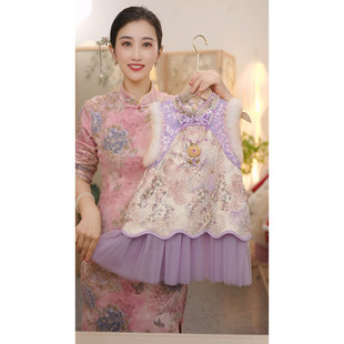国风加绒加厚新中式 SC757女童冬季 马甲旗袍裙拜年服 紫嫣 现货