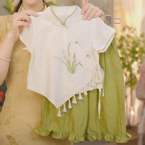 【如兰】SC247女童夏季新中式国风刺绣上衣裤子2025新款套装