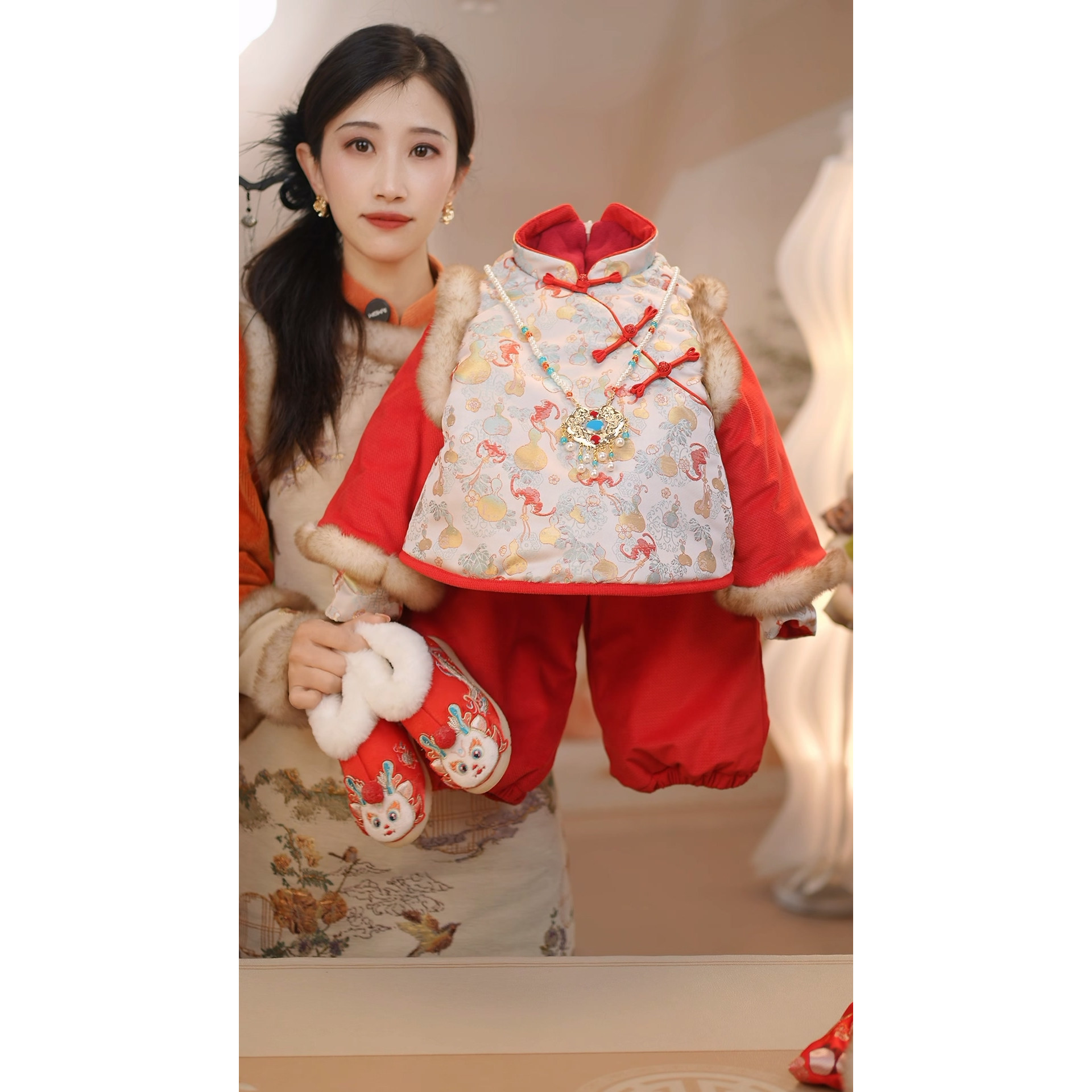 现货【葫芦】加厚红色女童男童冬季加绒套装GF021国风冬拜年服