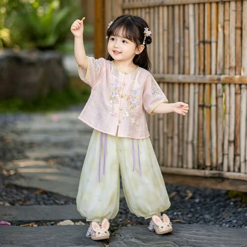 【灵犀】女童夏季新中式国风套装吊带内搭外套裤子三件套