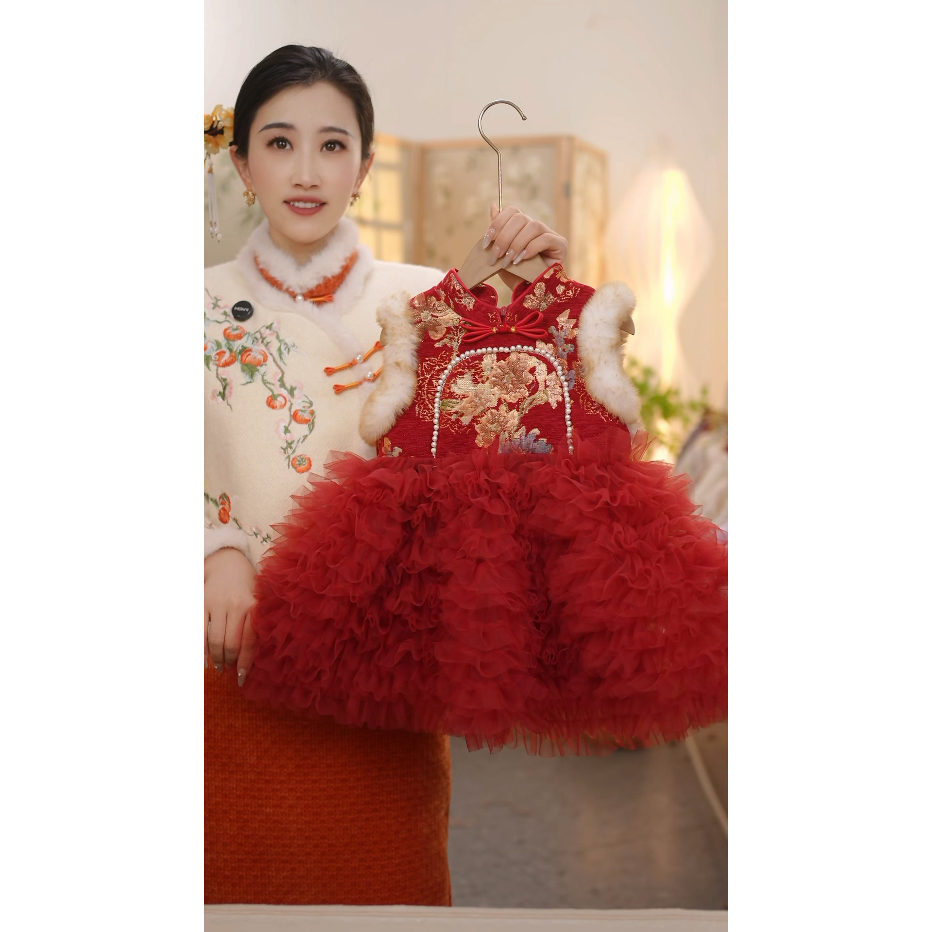 【安宁】加绒不加棉SC841女童冬季国风新中式马甲旗袍裙拜年服