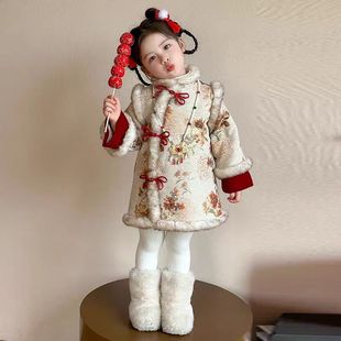 GF043女童冬季 不带项链特厚款 加绒国风旗袍裙拜年服 红葵 现货