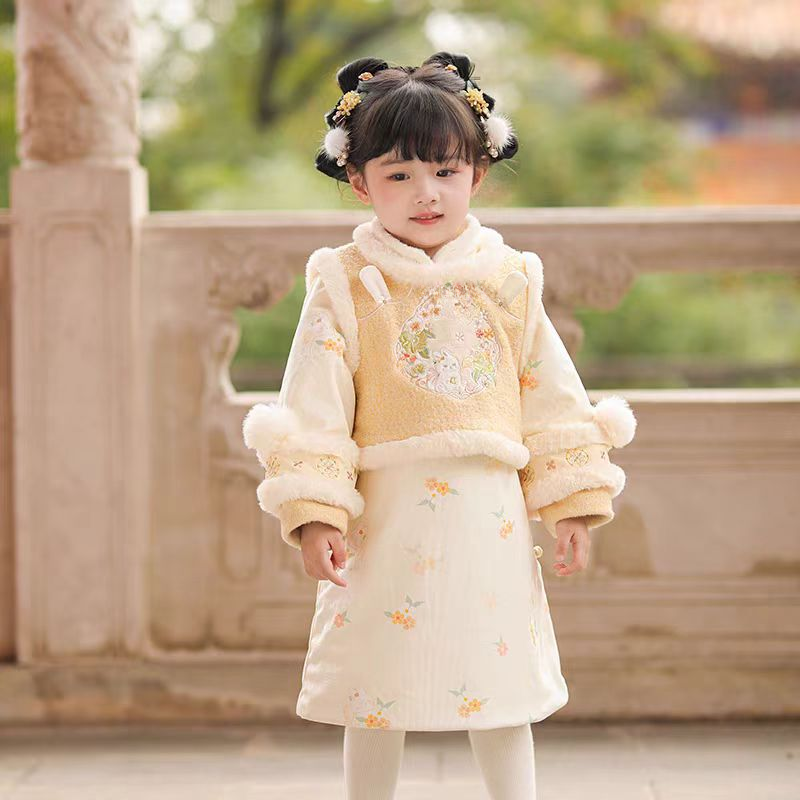 现货【奶芙】GF036女童冬季假两件加绒加厚兔子国风旗袍裙拜年服
