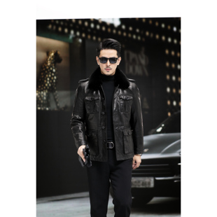 海宁真皮头层小牛皮衣外套桑蚕丝内胆皮衣中长款男士复古猎装外套