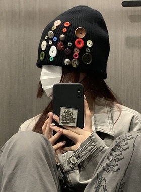 韩国设计师五彩纽扣针织毛线帽i街女秋冬保暖冷帽街头情侣帽男潮