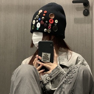 韩国设计师五彩纽扣针织毛线帽i街女秋冬保暖冷帽街头情侣帽男潮