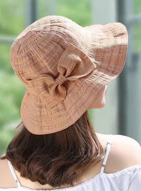 遮阳帽子女夏天韩版时尚潮老年太阳帽出游遮脸妈妈防晒渔夫帽棉麻