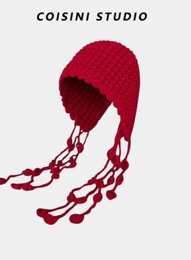 时尚手工编织流苏球球毛线帽保暖包头护耳绑带冬天针织大头帽子