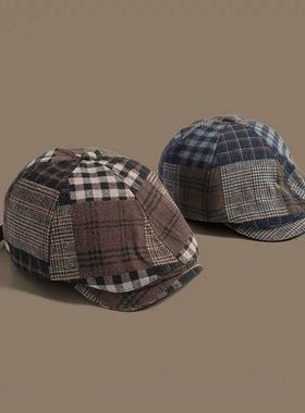 复古英伦百搭拼色贝雷帽男女秋冬季格子画家帽报童帽女韩版鸭舌帽