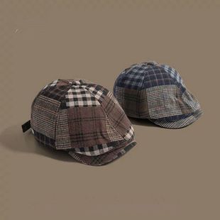 复古英伦百搭拼色贝雷帽男女秋冬季格子画家帽报童帽女韩版鸭舌帽