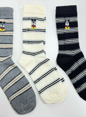 韩国东大门同款卡通米奇刺绣条纹黑白中筒袜女秋冬学院风百搭潮流