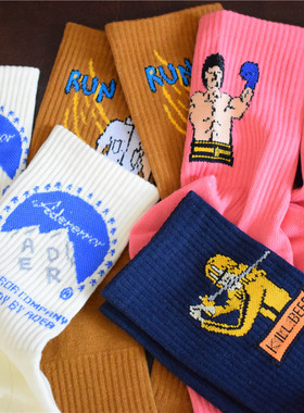 ADER ERROR卡通图案雪山大力士粉色袜子男女中筒涂鸦百搭袜ins潮