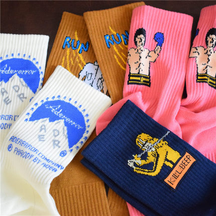 ADER ERROR卡通图案雪山大力士粉色袜子男女中筒涂鸦百搭袜ins潮