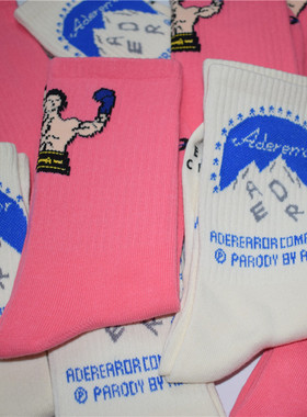 卡通图案雪山大力士粉色ader袜子男女运动秋冬街头潮牌潮流中筒袜