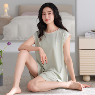 牧柔莫代尔简约风套头式无袖圆领宽松短裤休闲夏季2026年少年睡衣