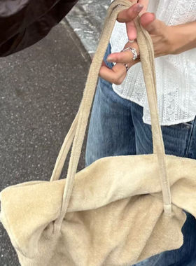 THREE新品网红同款时尚百搭麂皮绒极简纯色设计手提单肩腋下包包