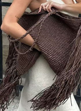 THREE新品网红同款时尚百搭编织流苏设计凹造型单肩方形托特包包