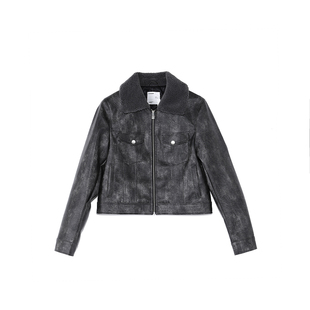 ROARINGWILD 主线系列 深灰色脏染拼接领短款皮衣