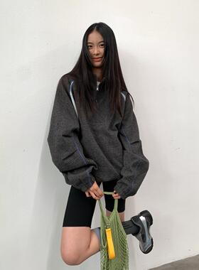roaringwild a arch 咆哮野兽 格纹拼接半拉链情侣外套连帽夹克
