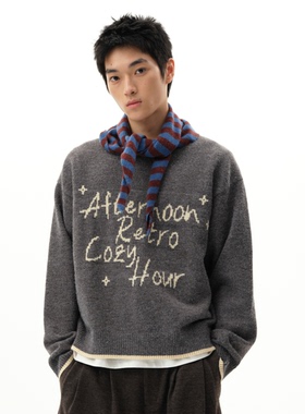 roaringwild a arch 咆哮野兽 灰色圆领上衣宽松休闲套头美式毛衣