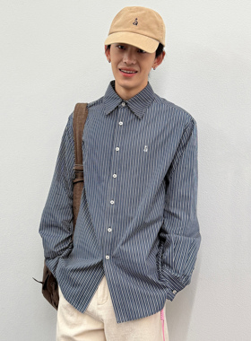 roaringwild a arch咆哮野兽蓝色徽标长袖上衣美式条纹衬衫外套男