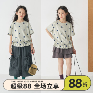 OLAMIMI夏亲子女童温柔烟波豆灰绿波点抽绳收腰荷叶边短袖T恤上衣