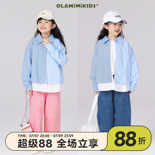 设计感格纹拼接衬衫外套休闲春夏