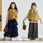 OLAMIMI儿童亲子2025冬小众复古麦浪黄撞色拼接羊毛毛呢马甲坎肩