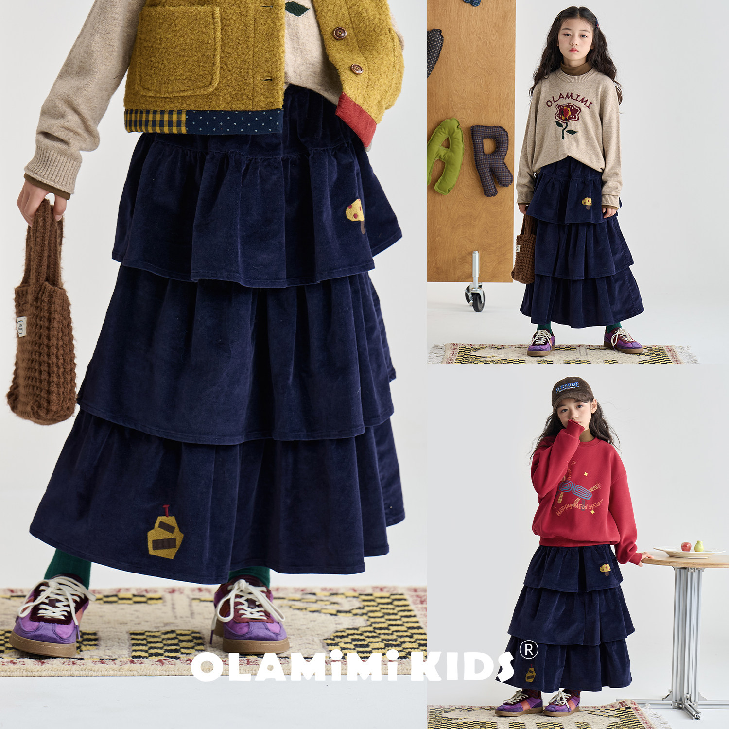 OLAMIMI儿童亲子2025冬新年复古夏加尔蓝刺绣灯芯绒荷叶边蛋糕裙