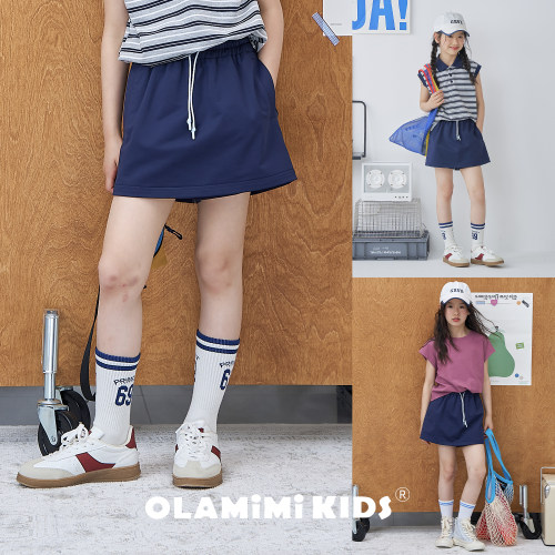 OLAMIMI儿童夏季藏青抽绳裙裤