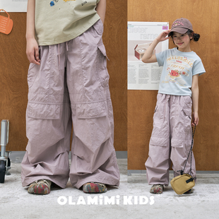 OLAMIMI儿童亲子2026春松紧抽绳纸感大口袋裤 裤 长裤 脚褶皱工装