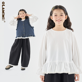 OLAMIMI童装 法式荷叶边喇叭袖纯棉圆领花边下摆长袖百搭娃娃衫