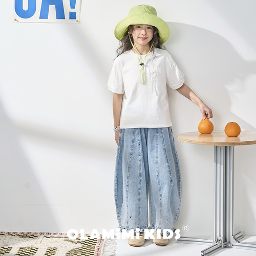 OLAMIMI儿童亲子2026夏文艺甜系立体蝴蝶装饰全棉圆领短袖上衣T恤