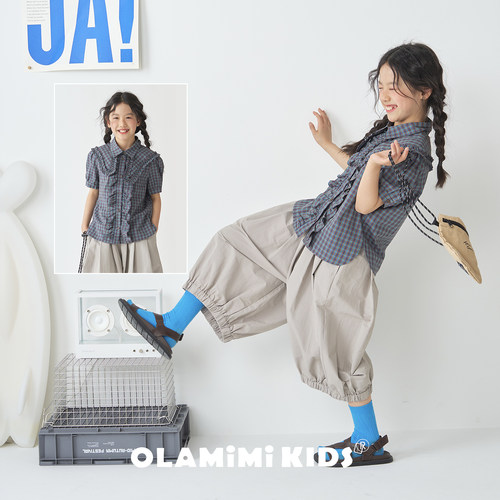 OLAMIMI儿童复古格纹泡泡袖衬衫