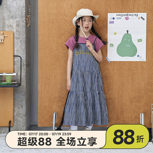 OLAMIMI儿童亲子夏活力美式字母刺绣立体竖条纹俏皮吊带裙连衣裙