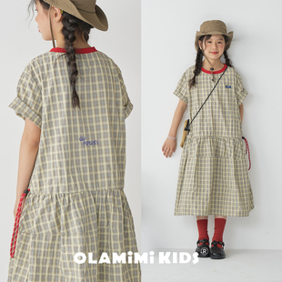 OLAMIMI夏亲子女童轻氧麦麸格撞色娃娃裙刺绣抽绳A字休闲度假裙